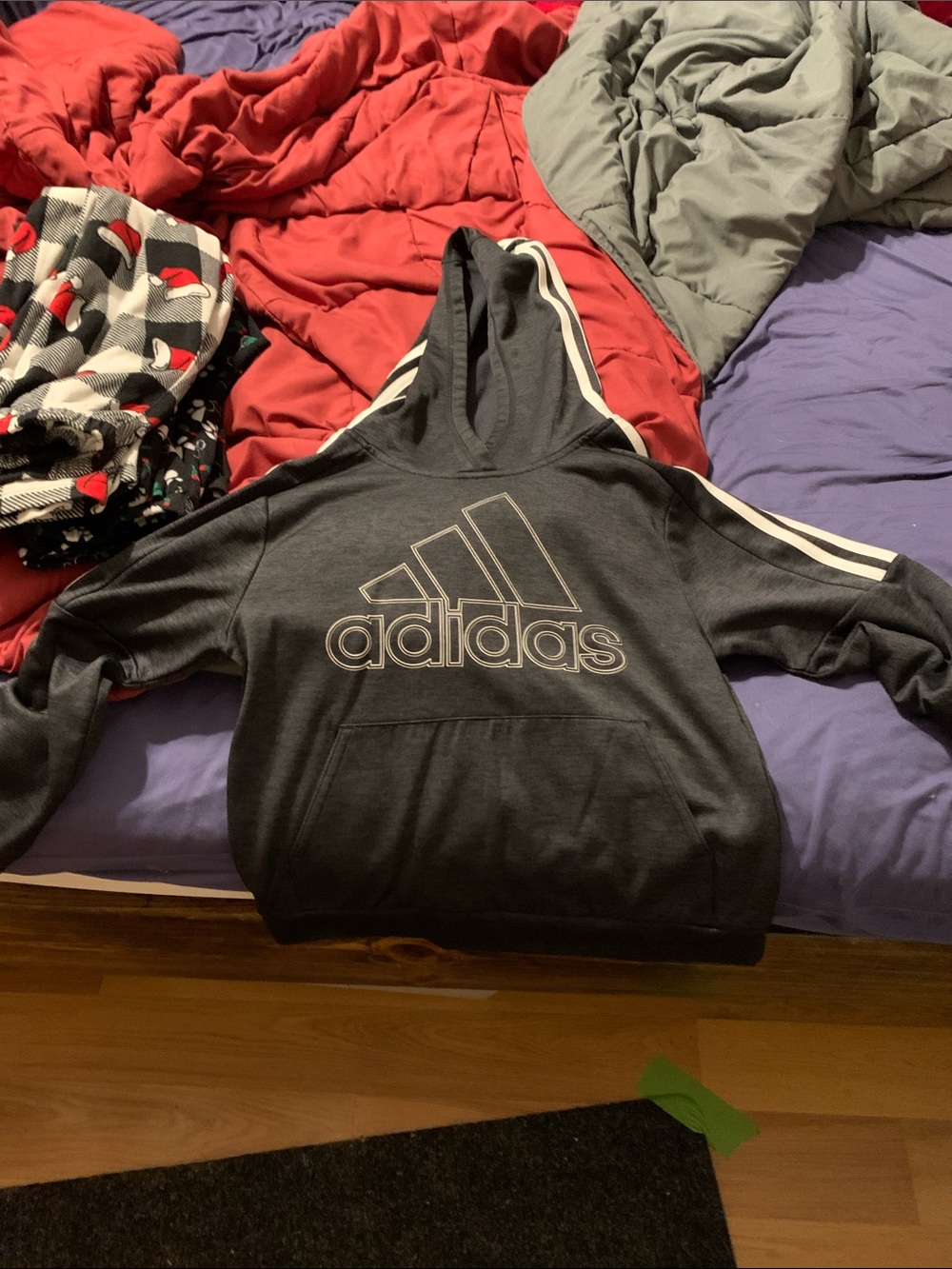 adidas Dark Gray Hoodie with White Logo and Stripes